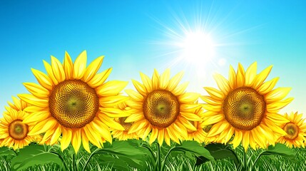 Wall Mural - A field of sunflowers under a bright blue sky with the sun shining down.