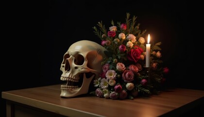 Canvas Print -  Elegant macabre still life with skull and roses