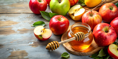 Beautiful Rosh Hashana image with apples and honey, traditional symbols of the Jewish holiday, Rosh Hashanah, Jewish