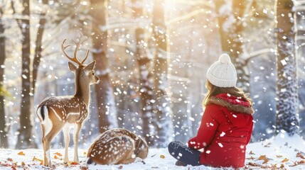 Canvas Print - A little girl in red winter and a white hat sits on the snow with her pet deer