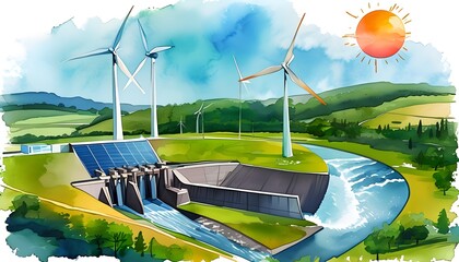 Wall Mural - Innovative Hydroelectric Power Designs in Vibrant Triadic Colors Showcasing Sustainable Energy Solutions