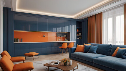 Wall Mural - modern french apartment interior living room with accents of blue, orange and red.