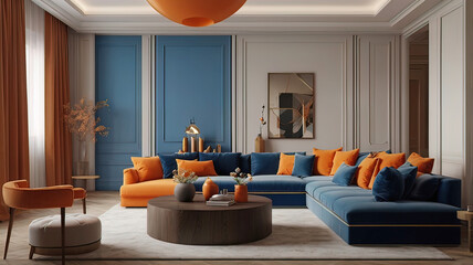 Wall Mural - modern french apartment interior living room with accents of blue, orange and red.