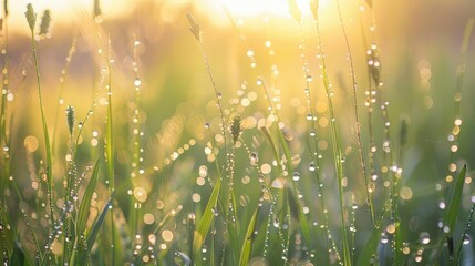 A close-up of dew-covered grass in a sunlit meadow.