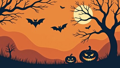 Sticker -  Spooky Halloween night with jackolanterns and bats