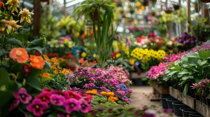 A colorful flower market filled with various blooms and greenery.