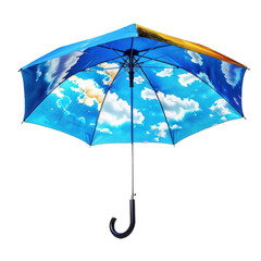Poster - Blue umbrella showing inside printed blue sky with clouds isolated on white background