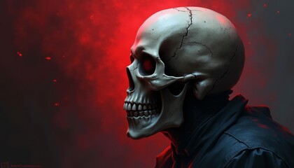 Wall Mural -  Eerie skull with glowing eyes set against a fiery backdrop