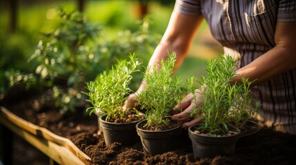 Woman tending to potted herbs in a vibrant garden during golden hour light