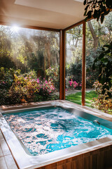 Chic spa room with a luxurious hydrotherapy pool and serene garden views