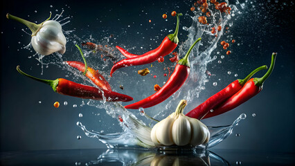 Chili and garlic splash and flying in the air, spicy, food, ingredients, oils, condiments, culinary, red, organic, fresh