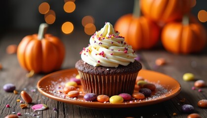 Wall Mural -  Sweet Halloween Treat  Cupcake with Whipped Cream and Candy