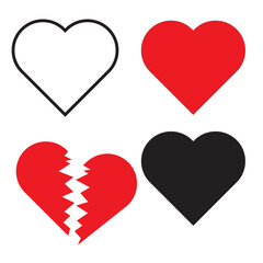 Poster - Heart icon set. Solid red heart. Broken red heart. Black heart symbol. Vector illustrations.