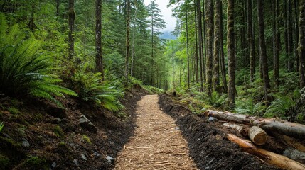 Wall Mural - Serene Forest Trail Surrounded by Lush Greenery and Towering Trees