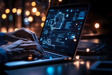 Hands typing on a laptop with an illuminated web of digital connections, representing networking, cybersecurity, and data flow in a high-tech environment