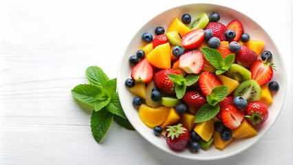 Fresh and healthy fruit salad in white plate on white background , fruit salad, fresh, healthy, colorful, mix