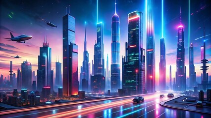 The image is a futuristic cityscape with neon lights and flying cars, it shows tall skyscrapers with glowing windows and a road with cars traveling on it, with a pink sky and a few stars in the backg