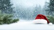 © lililia - A charming red Santa hat decorated with snowflakes rests in soft snow, set against a backdrop of gently falling snow and blurred pine branches, evoking a cozy holiday spirit