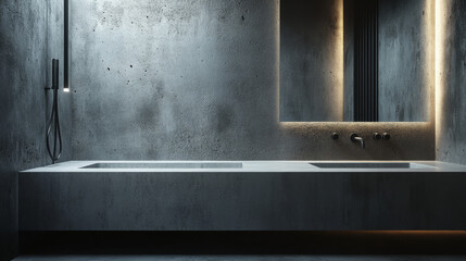 Wall Mural - A sleek bathroom with polished concrete walls and floors.