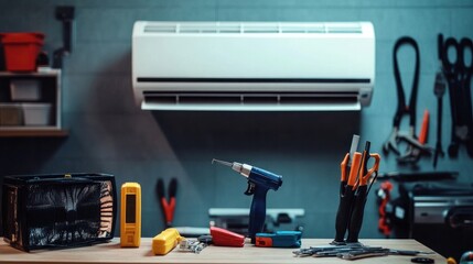 Wall Mural - An indoor air conditioner being serviced by a technician, who is cleaning and maintaining the unit, with professional tools and equipment arranged on a workbench