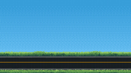 Aufkleber - pixel art racing game level background, pixel retro design, 8 bit image, 2d racing track, grass and blue sky, race arcade vector illustration