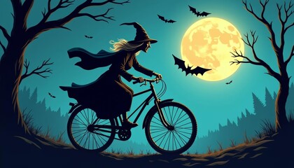 Wall Mural -  Witchy cyclist under the full moon