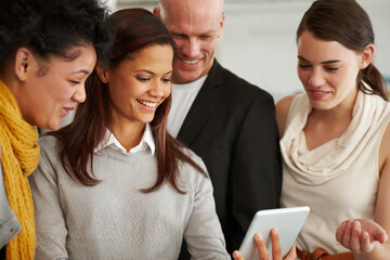 Aufkleber - Business people, tablet and meeting in office for collaboration, research and video with social media. Creative agency, technology and diversity in workplace for teamwork, communication and planning