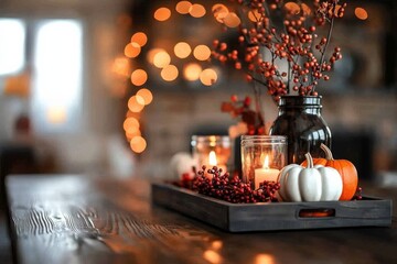 Autumnal candle centerpiece with white pumpkin and dried berries in warm sunset light, cozy and serene home decor