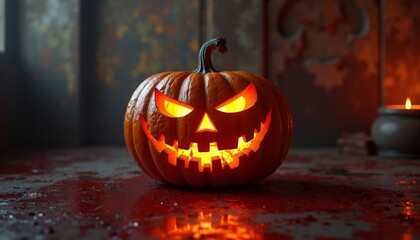 Poster -  Eerie Halloween Pumpkin with Glowing Eyes