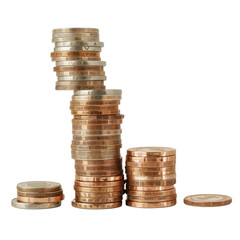 Poster - Stacks of coins of different heights representing savings growth on white background