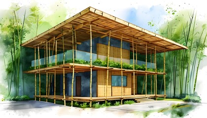 Wall Mural - Sustainable Bamboo Scaffolding in Vibrant Green Building Design with Watercolor Elements