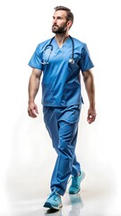 Doctor walking, full body picture, blue uniform