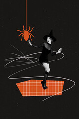 Poster - Vertical photo collage of astonished witch costume girl masquerade party spooky spider insect halloween isolated on painted background