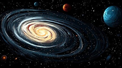 A vibrant, colorful spiral galaxy with a bright core and surrounding planets in a dark space with stars.