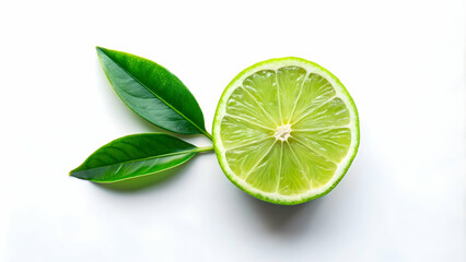 Half sliced green lime with leaves isolated on white background. Top view. Flat lay, lime, citrus, fruit, tropical, green, fresh