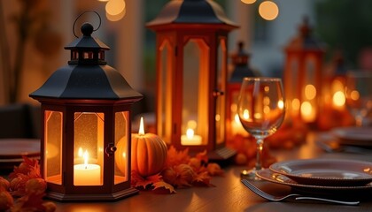 Wall Mural -  Autumn ambiance with candlelit lanterns and fall decor