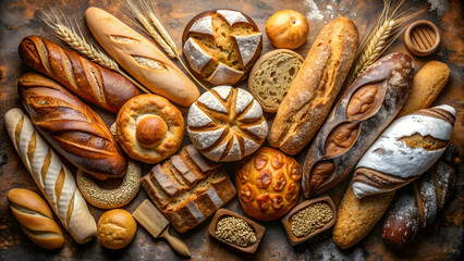 Assortment of freshly baked bread with various shapes, textures, and flavors, bread, bakery, variety, selection, food, crusty