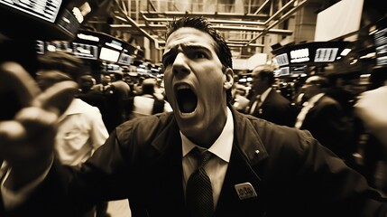 Poster - A busy stock exchange trading floor with brokers shouting and gesturing