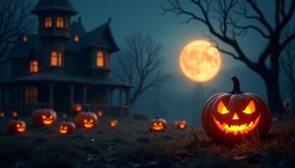 Poster -  Eerie Halloween night with glowing jackolanterns and a full moon