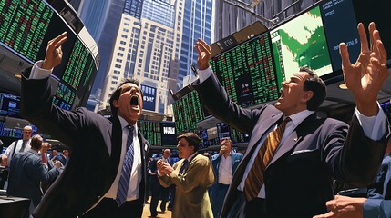 Poster - A busy stock exchange trading floor with brokers shouting and gesturing