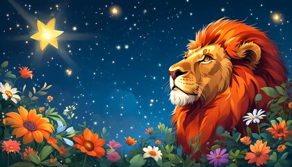 Canvas Print - Whimsical Cartoon Fusion of Stars, Flowers, and Lions