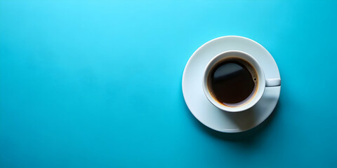 Top view of black coffee in a white cup on blue background with copy space, coffee, drink, beverage, morning, caffeine, hot