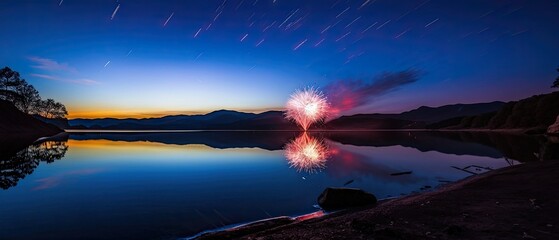 Wall Mural - Fireworks Over a Lake at Night