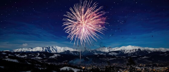 Wall Mural - Fireworks Over Snowy Mountains