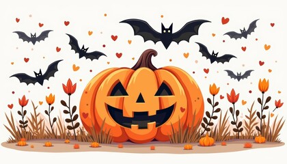 Poster -  Halloween delight with a jackolantern and bats