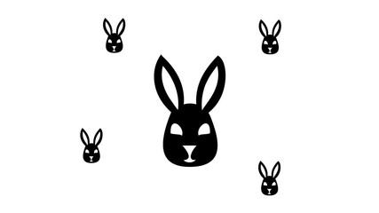 Poster - Zoom in and out animation the cute hare head symbol. Large black symbol in the center and four small symbols around. Seamless looped 4k animation on white background