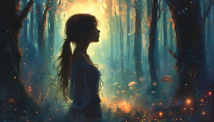 mysterious forest with a silhouetted girl exploring natures beauty, surrounded by enchanting light and shadow, evoking magic and fantasy