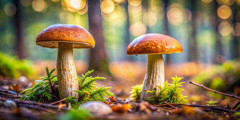 Close-up of two wild mushrooms growing in the forest , mushrooms, fungus, nature, forest, outdoors, organic, fresh, growth