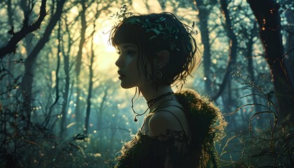 Wall Mural - Enchanting silhouette of a girl amidst a mystical forest filled with shadows and soft light