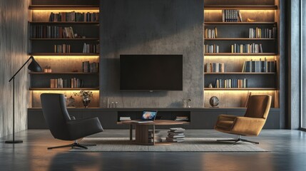 Poster - Modern Living Room with Bookshelves and a Cozy Atmosphere